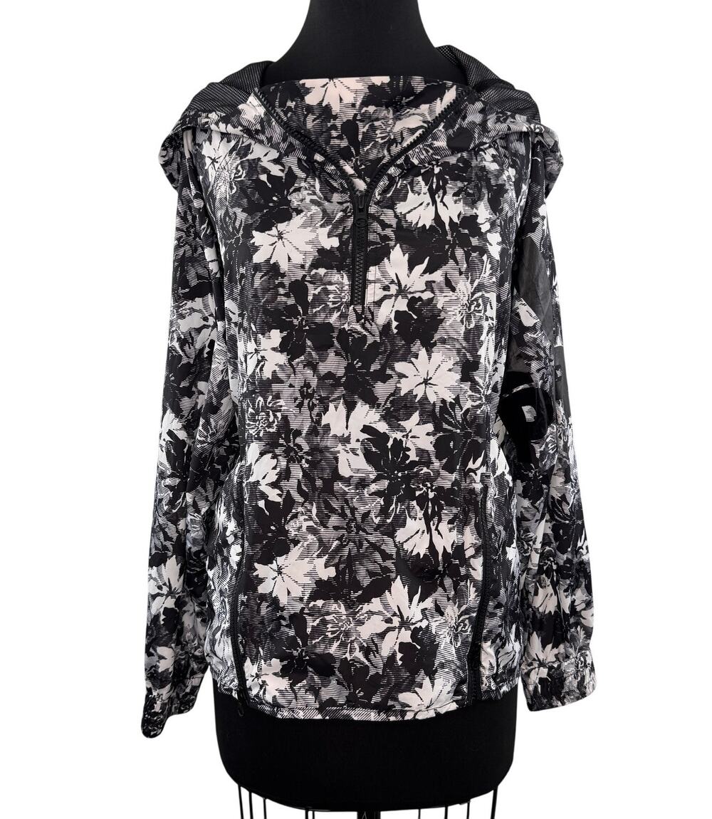 Ivy Park Black White Windbreaker Jacket Floral Anorak Hooded 1/4 Zip Sz L Large